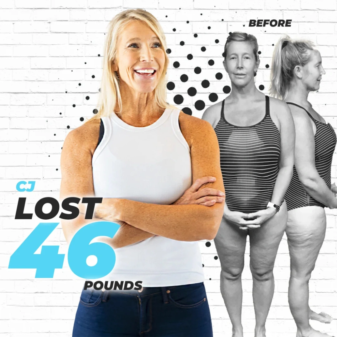 CJ before and after the Metabolic Mastery Method, down 46 pounds