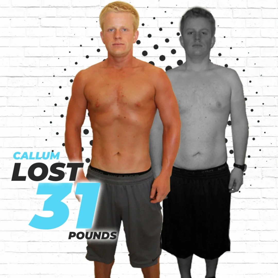 Callum before and after the Metabolic Mastery Method, down 31 pounds