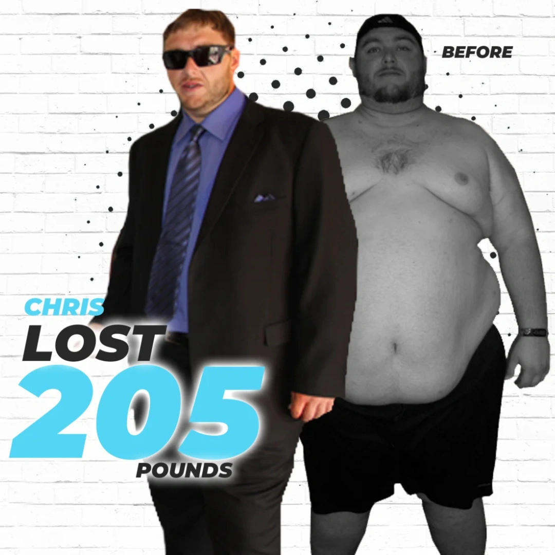 Chris before and after the Metabolic Mastery Method, down 205 pounds